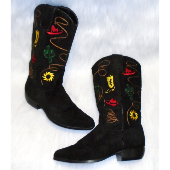 Chilis Shoes - Vintage 80's Women's CHILIS Black Suede Cowboy Boots w/ Western Embroidery 8.5 M